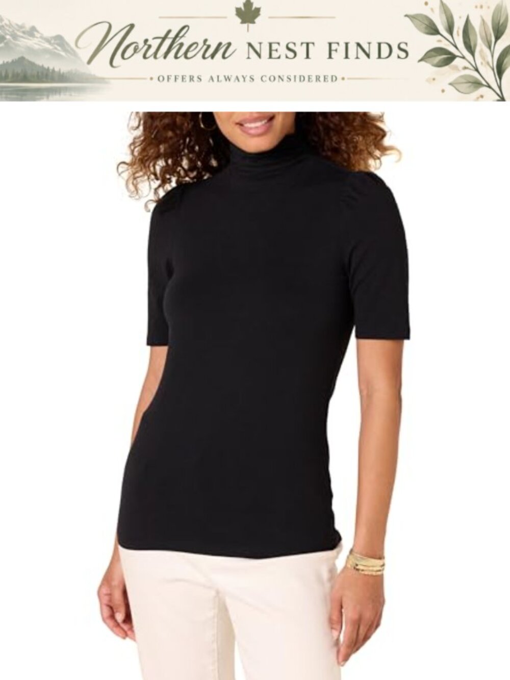 Cotton Modal Draped Puff Sleeve Turtleneck T-Shirt Regular Fit